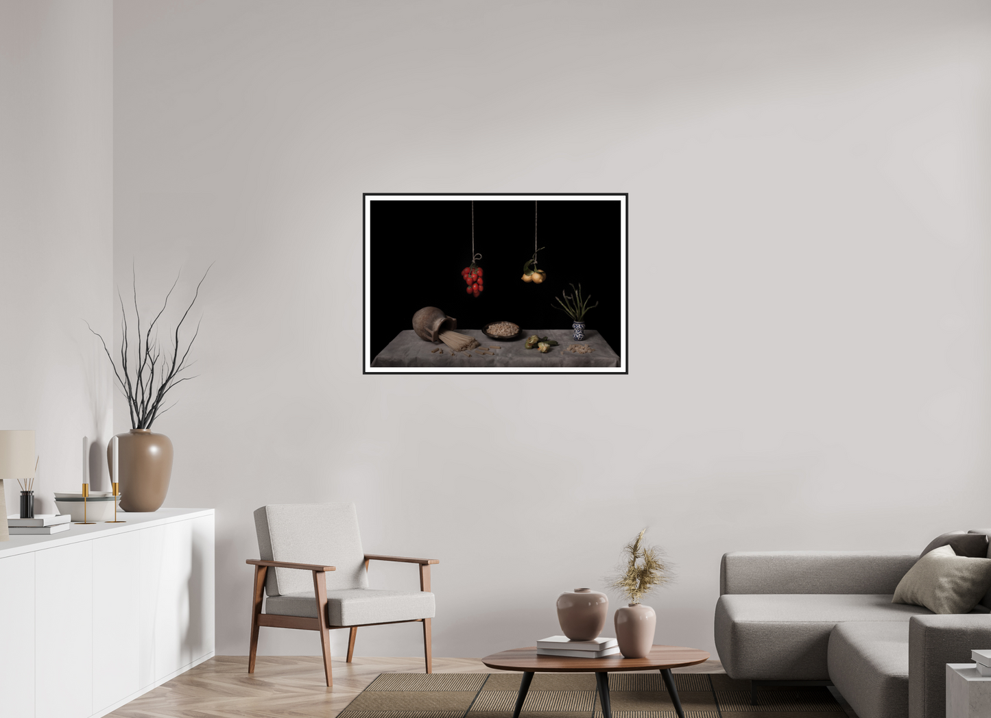 105 x 70 cm, Classic Framed wBorder Bodegón - Pasta, tomatoes, garlic