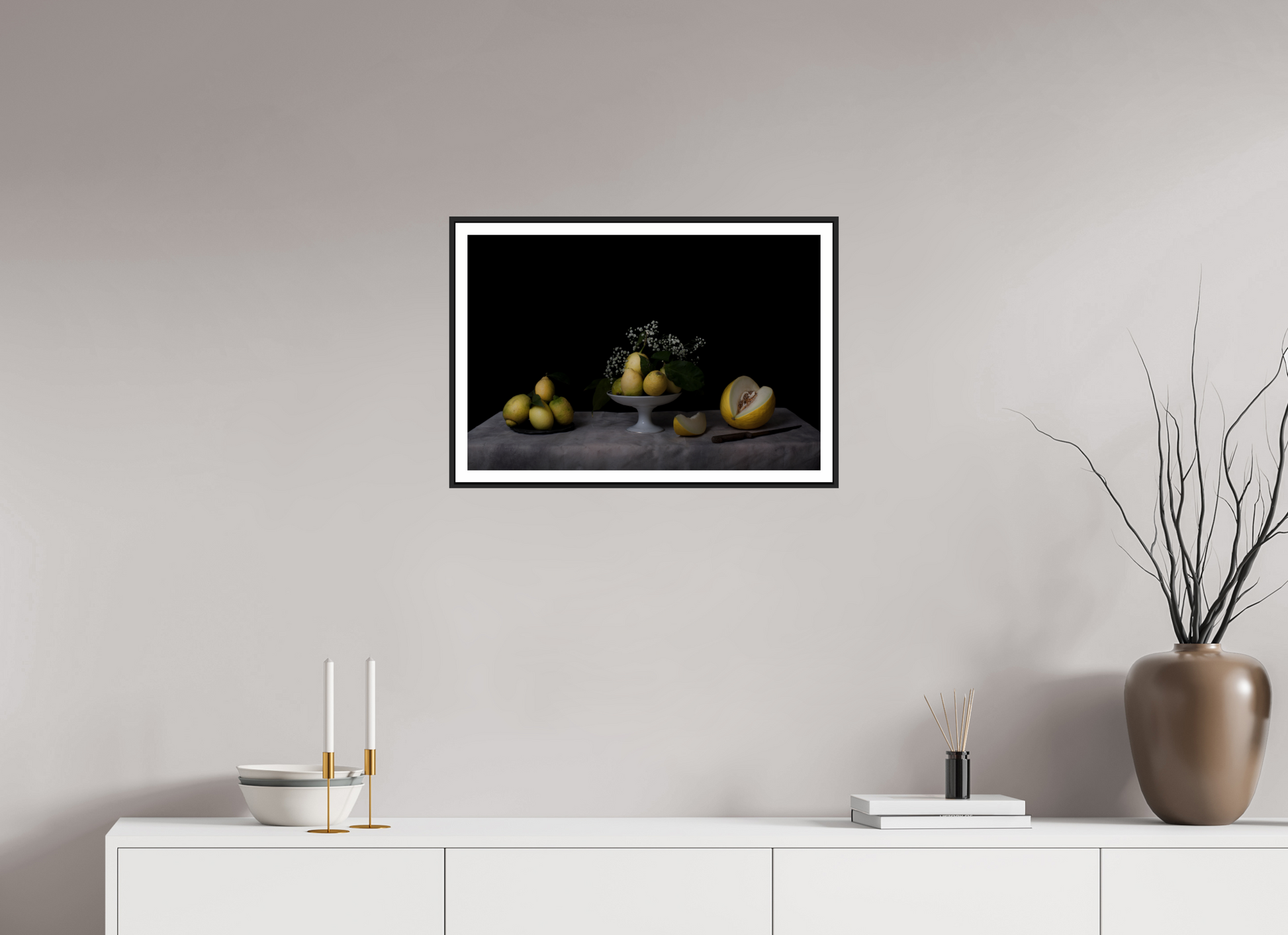60 x 40 cm, Black Frame with white border Bodegón - Lemon and Melon